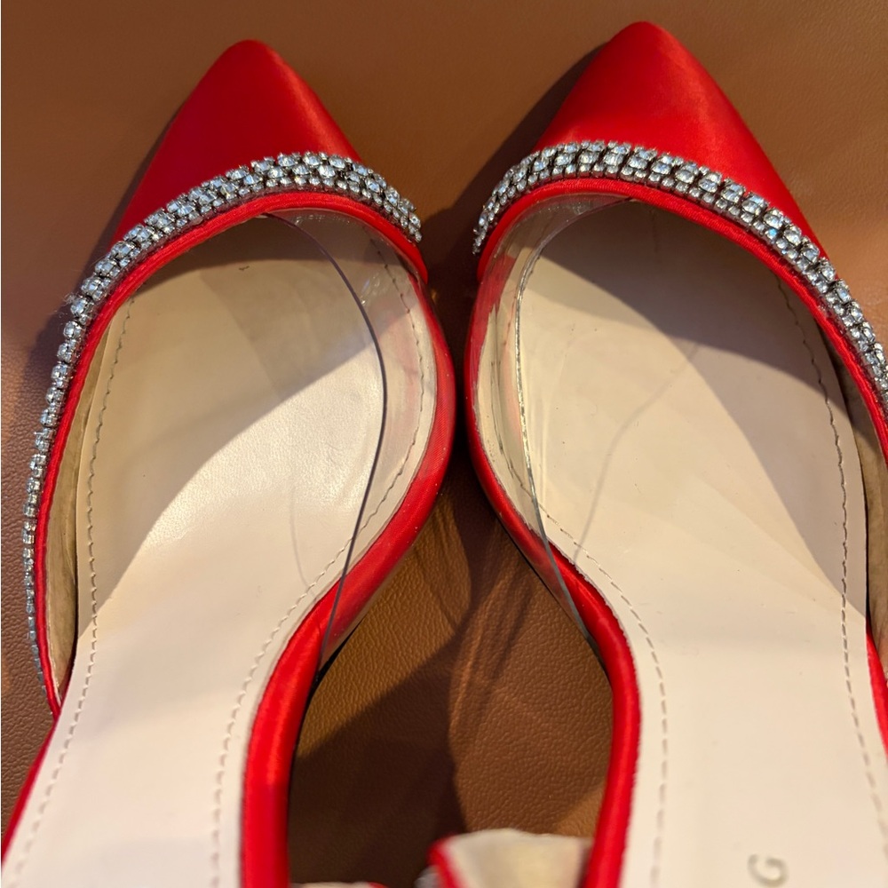 Elegant Red Satin Heels with Rhinestone Accents - Picture 5 of 12